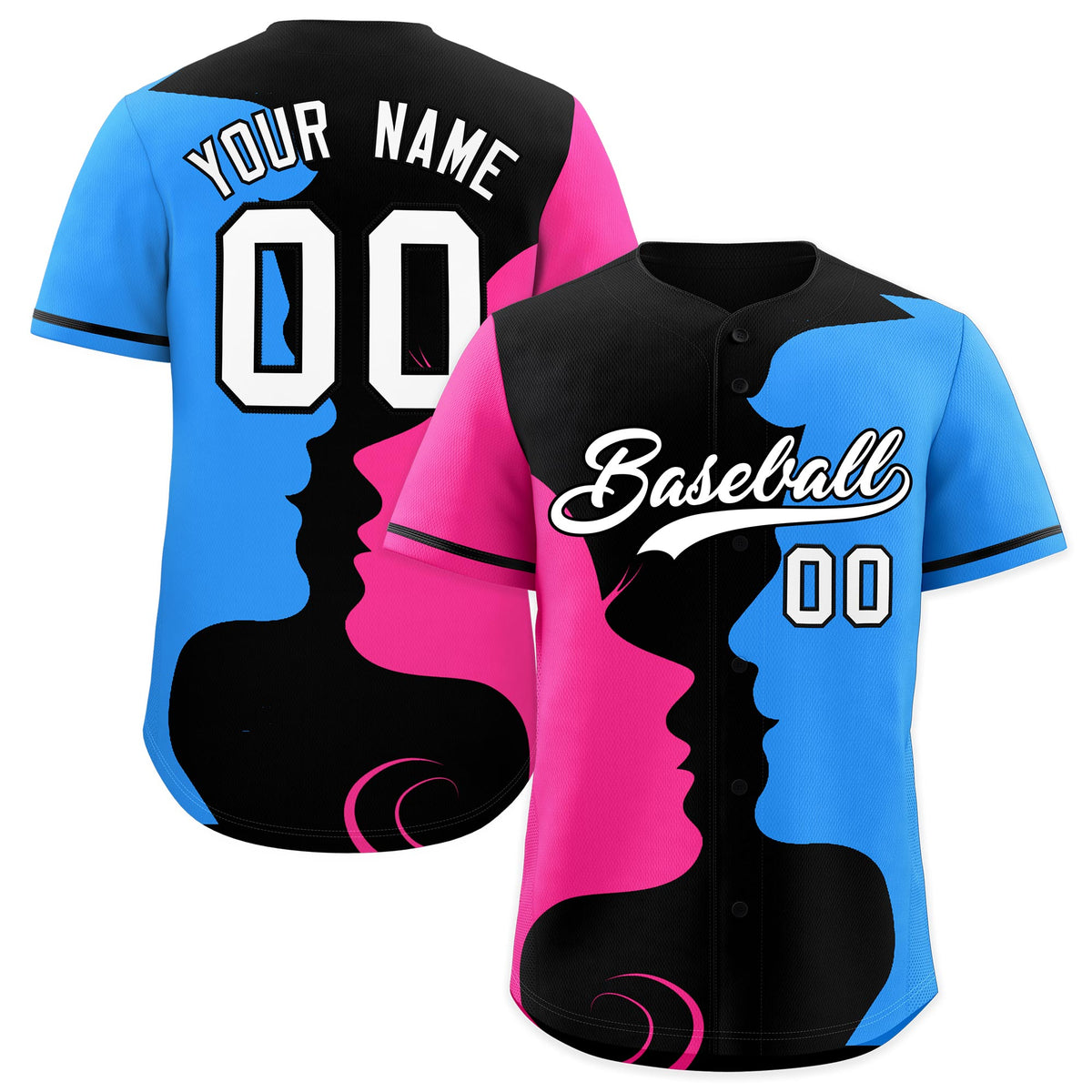 Custom Black Pink Powder Blue Silhouettes of Loving Couple Valentine's Day Baseball Jersey| KXKSHOP