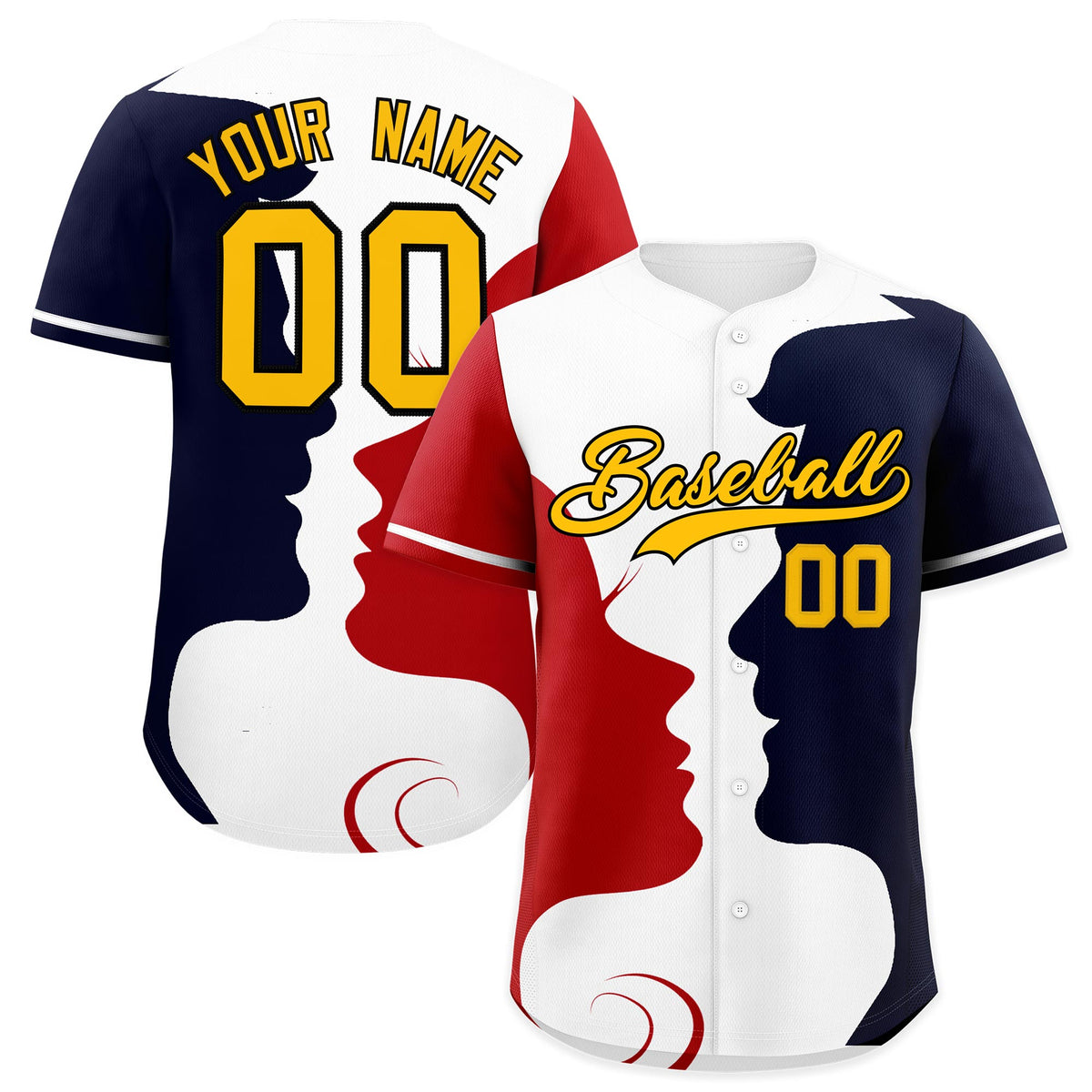 Custom White Red Navy Silhouettes of Loving Couple Valentine's Day Baseball Jersey| KXKSHOP