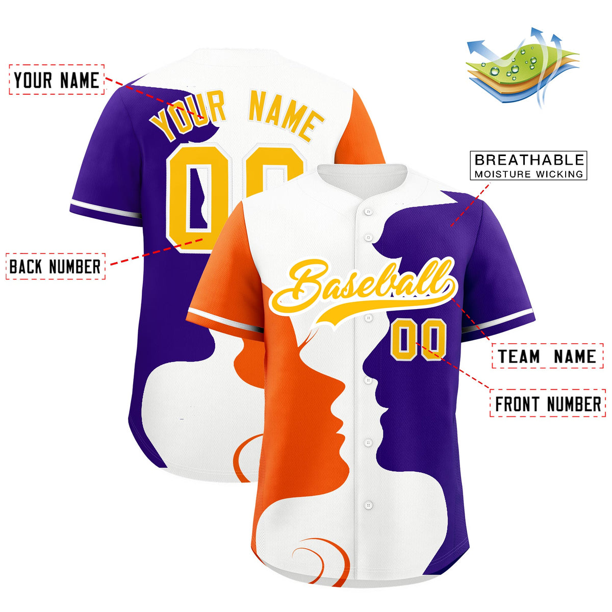 Custom White Orange Purple Silhouettes of Loving Couple Valentine's Day Baseball Jersey| KXKSHOP