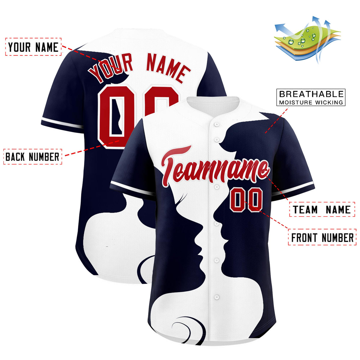 Custom White Navy Silhouettes of Loving Couple Valentine's Day Baseball Jersey| KXKSHOP