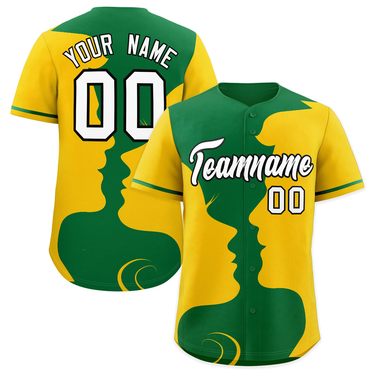 Custom Kelly Green Gold Silhouettes of Loving Couple Valentine's Day Baseball Jersey| KXKSHOP