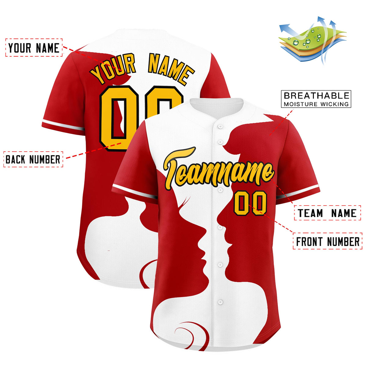 Custom White Red Silhouettes of Loving Couple Valentine's Day Baseball Jersey| KXKSHOP