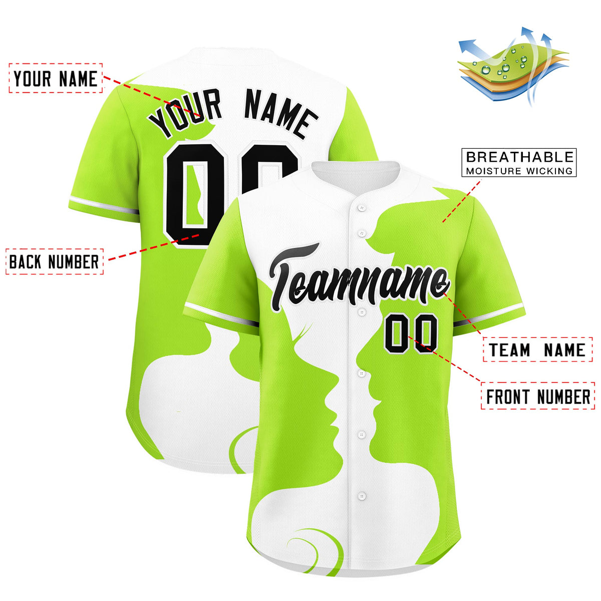 Custom White Neon Green Silhouettes of Loving Couple Valentine's Day Baseball Jersey| KXKSHOP