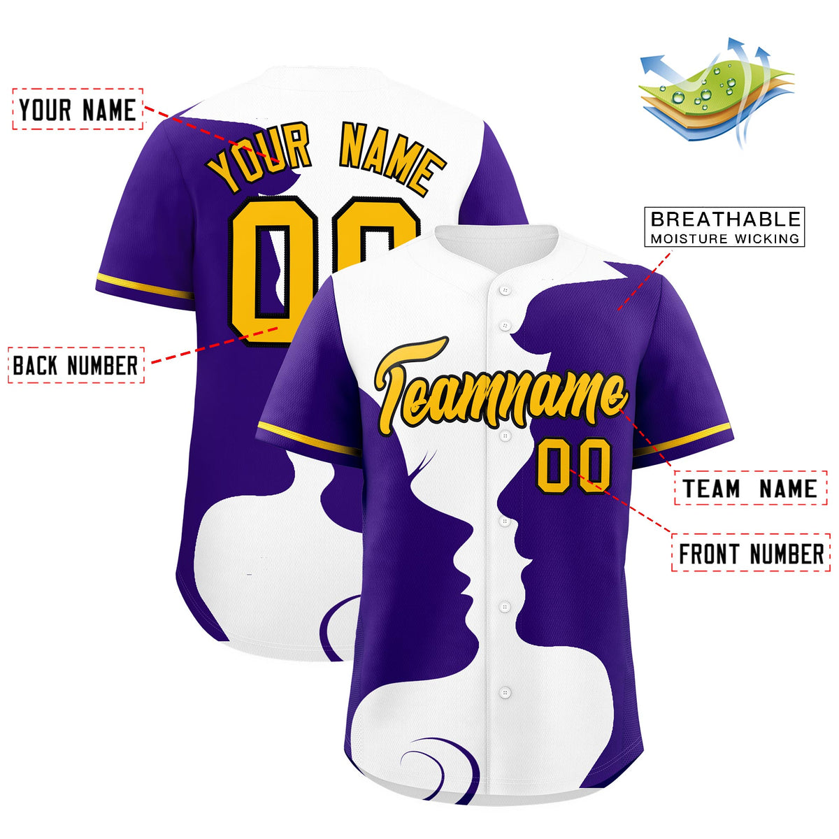 Custom Gold Purple White Silhouettes of Loving Couple Valentine's Day Baseball Jersey| KXKSHOP