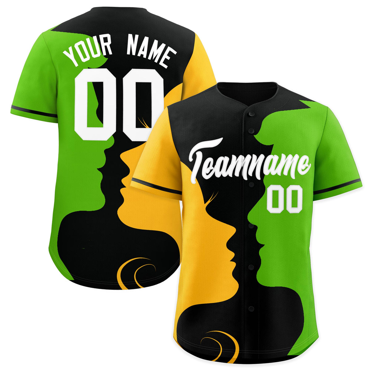 Custom Black Gold Neon Green Silhouettes of Loving Couple Valentine's Day Baseball Jersey| KXKSHOP
