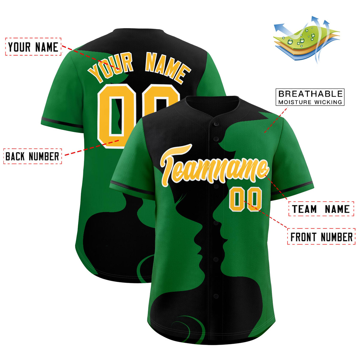 Custom Black Kelly Green Silhouettes of Loving Couple Valentine's Day Baseball Jersey| KXKSHOP