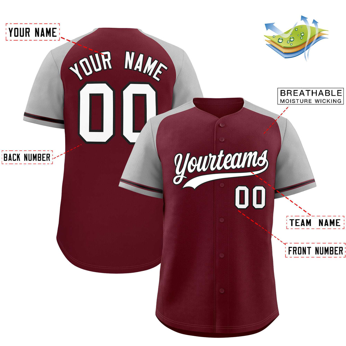 Custom Maroon Gray Raglan Sleeves Authentic Baseball Jersey