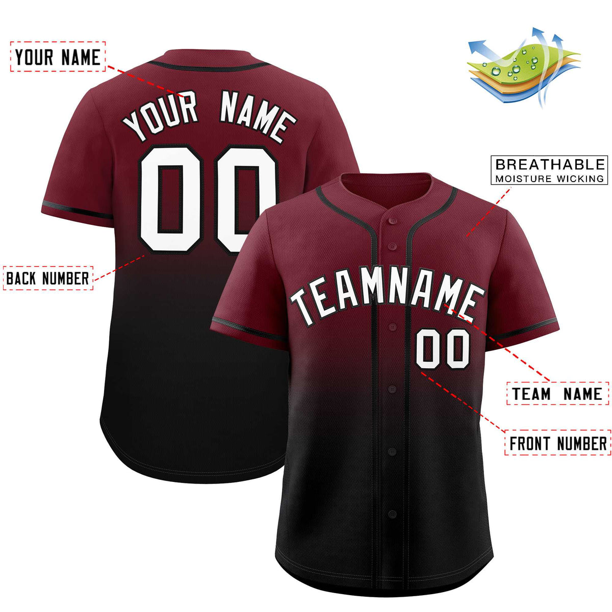 Custom Maroon Black Gradient Fashion Authentic Baseball Jersey