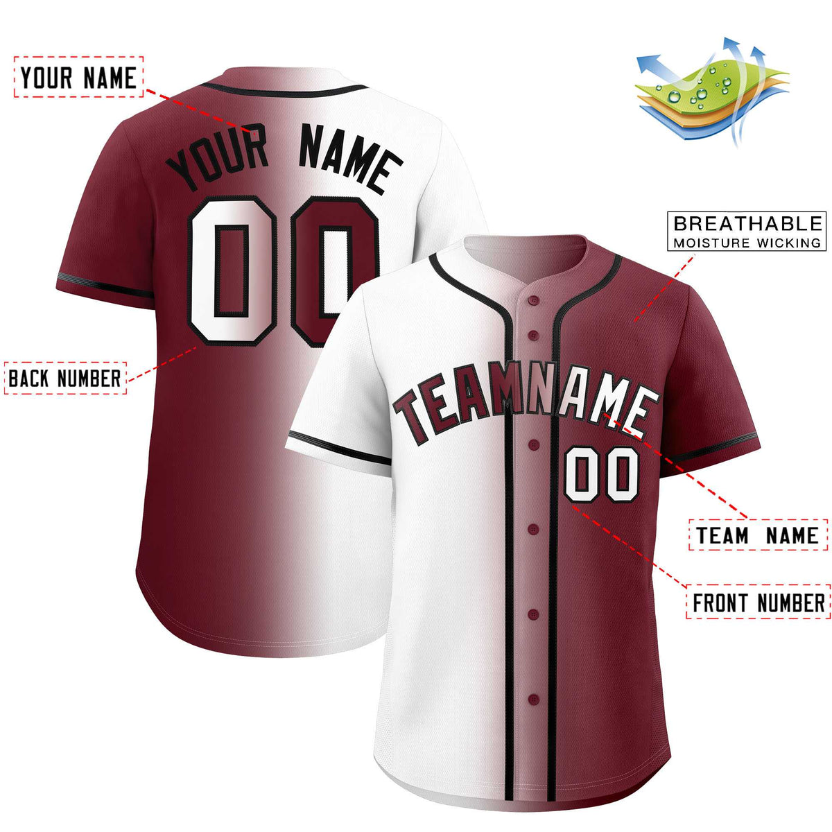 Custom White Maroon Two Tone Gradient Fashion Authentic Baseball Jersey