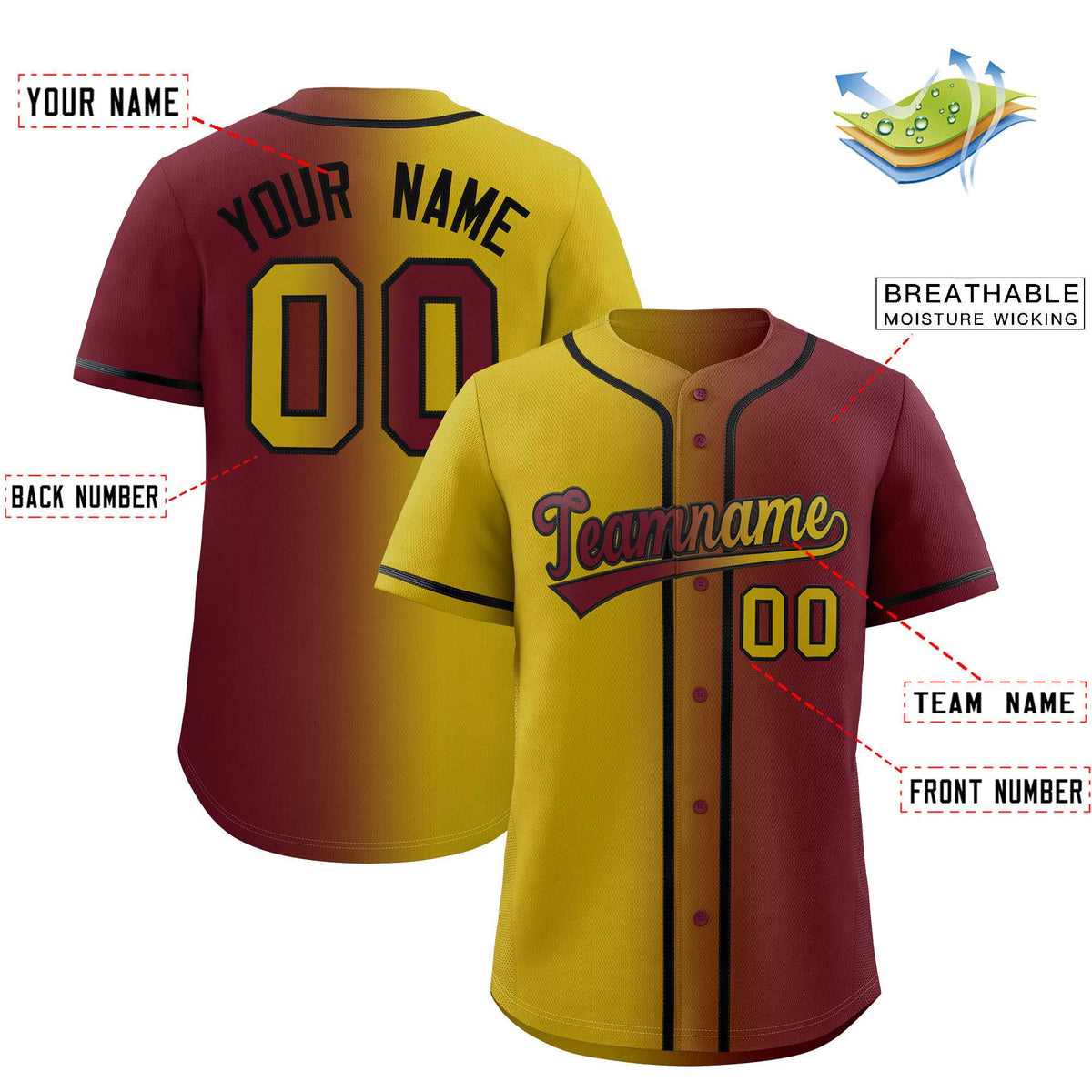 Custom Old Gold Maroon Two Tone Gradient Fashion Authentic Baseball Jersey