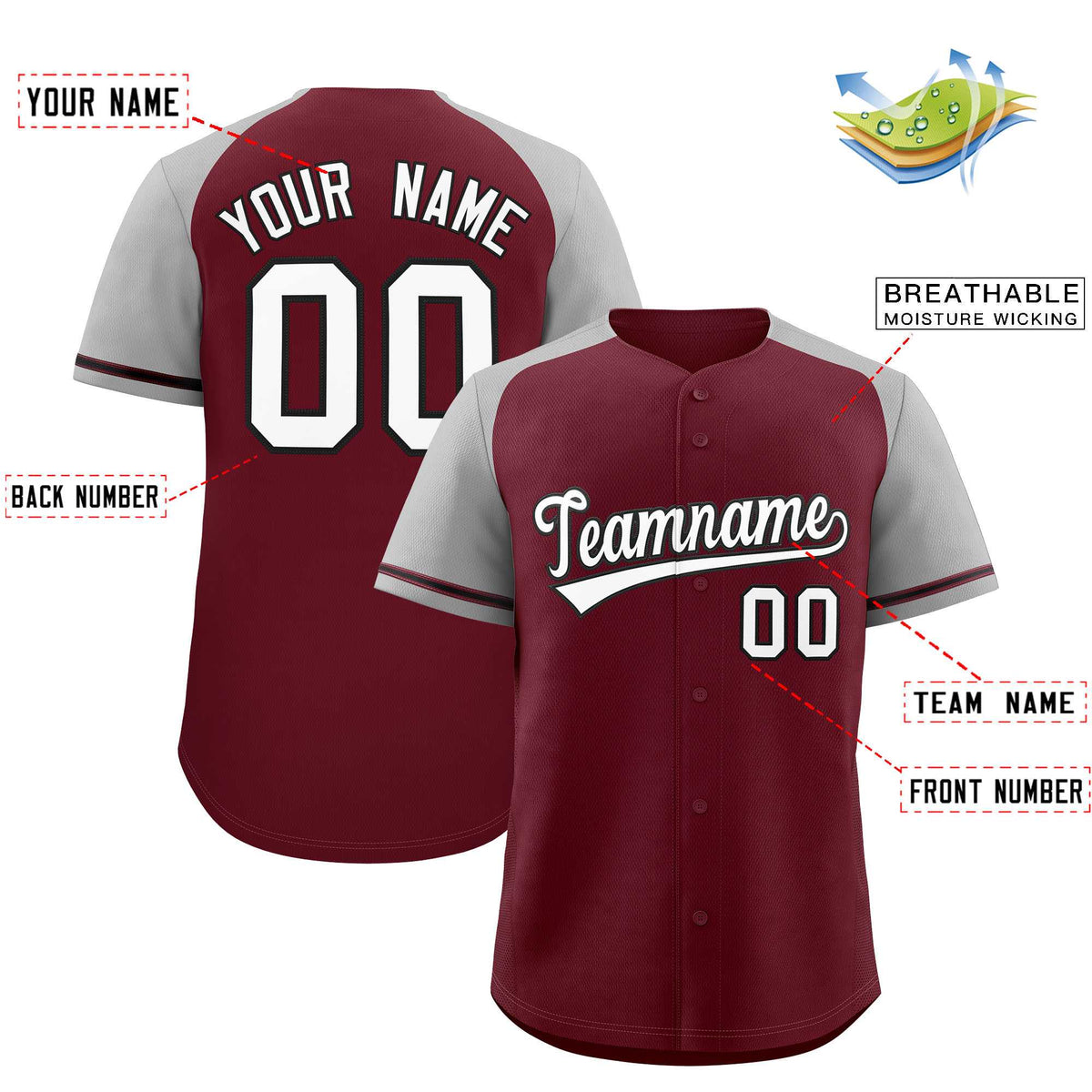 Custom Maroon Gray Raglan Sleeves Authentic Baseball Jersey