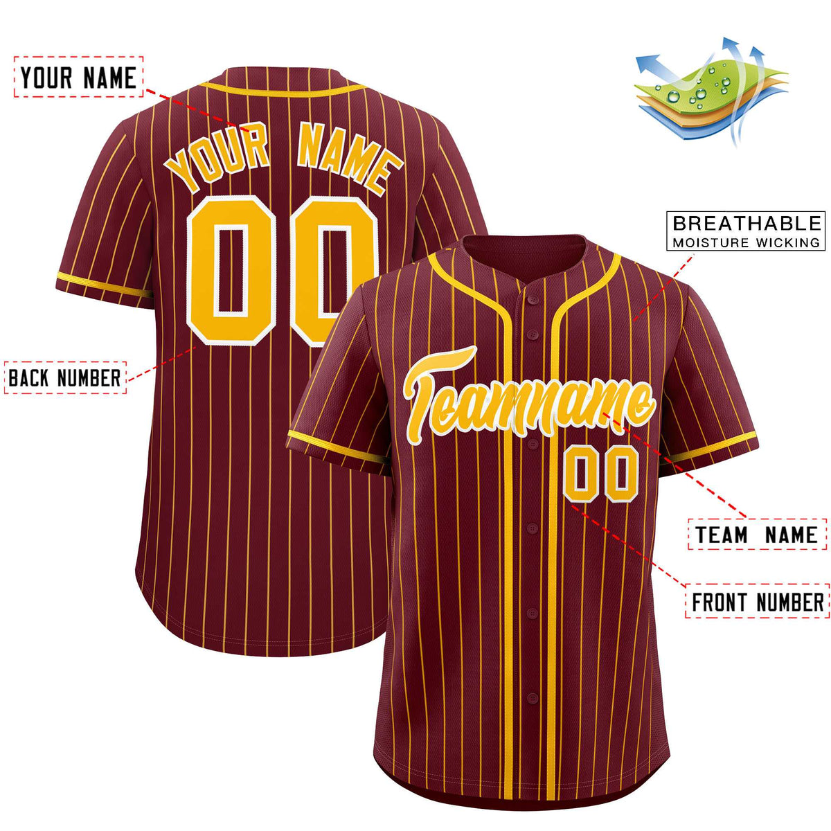 Custom Maroon Yellow Stripe Fashion Authentic Baseball Jersey