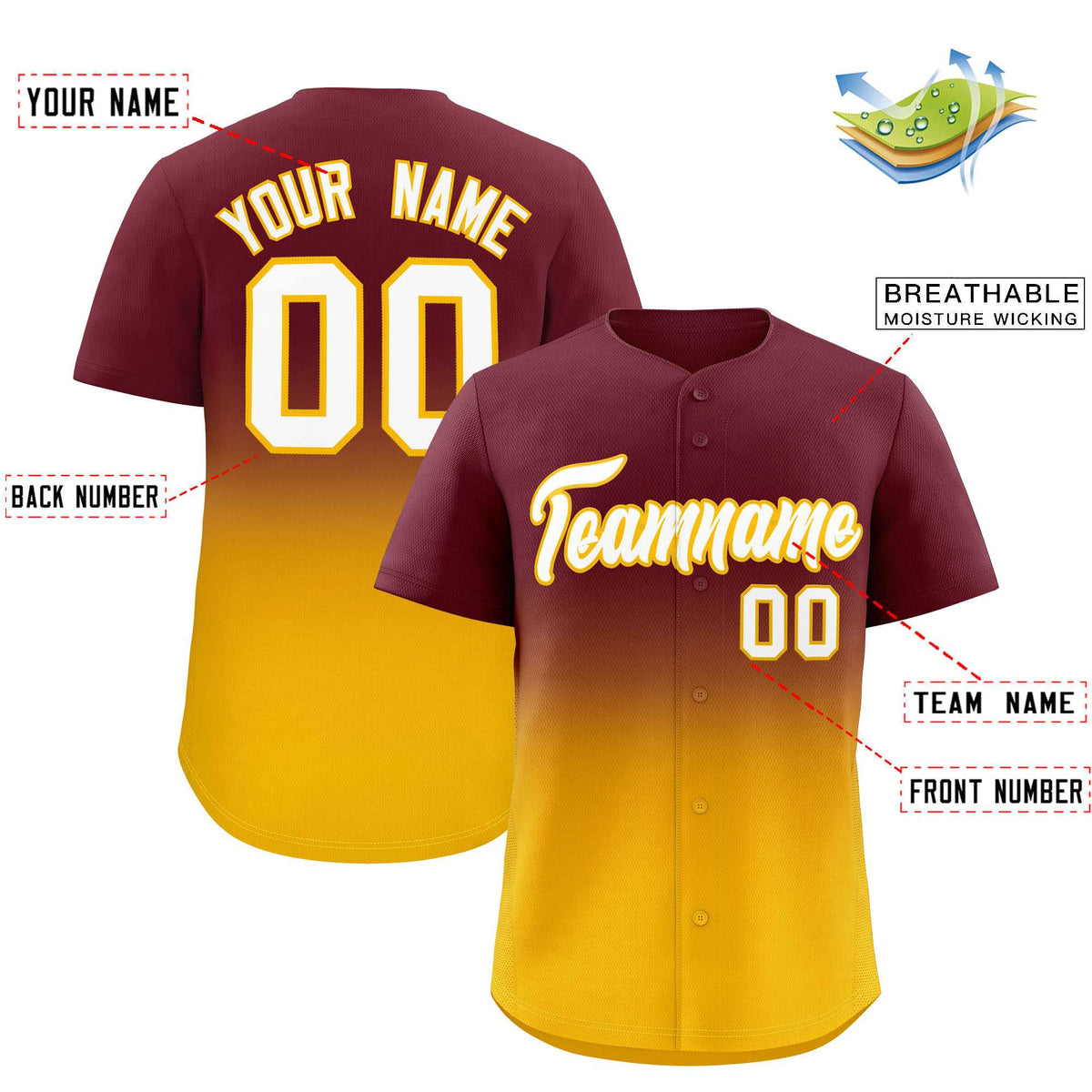 Custom Maroon Yellow Gradient Fashion Authentic Baseball Jersey