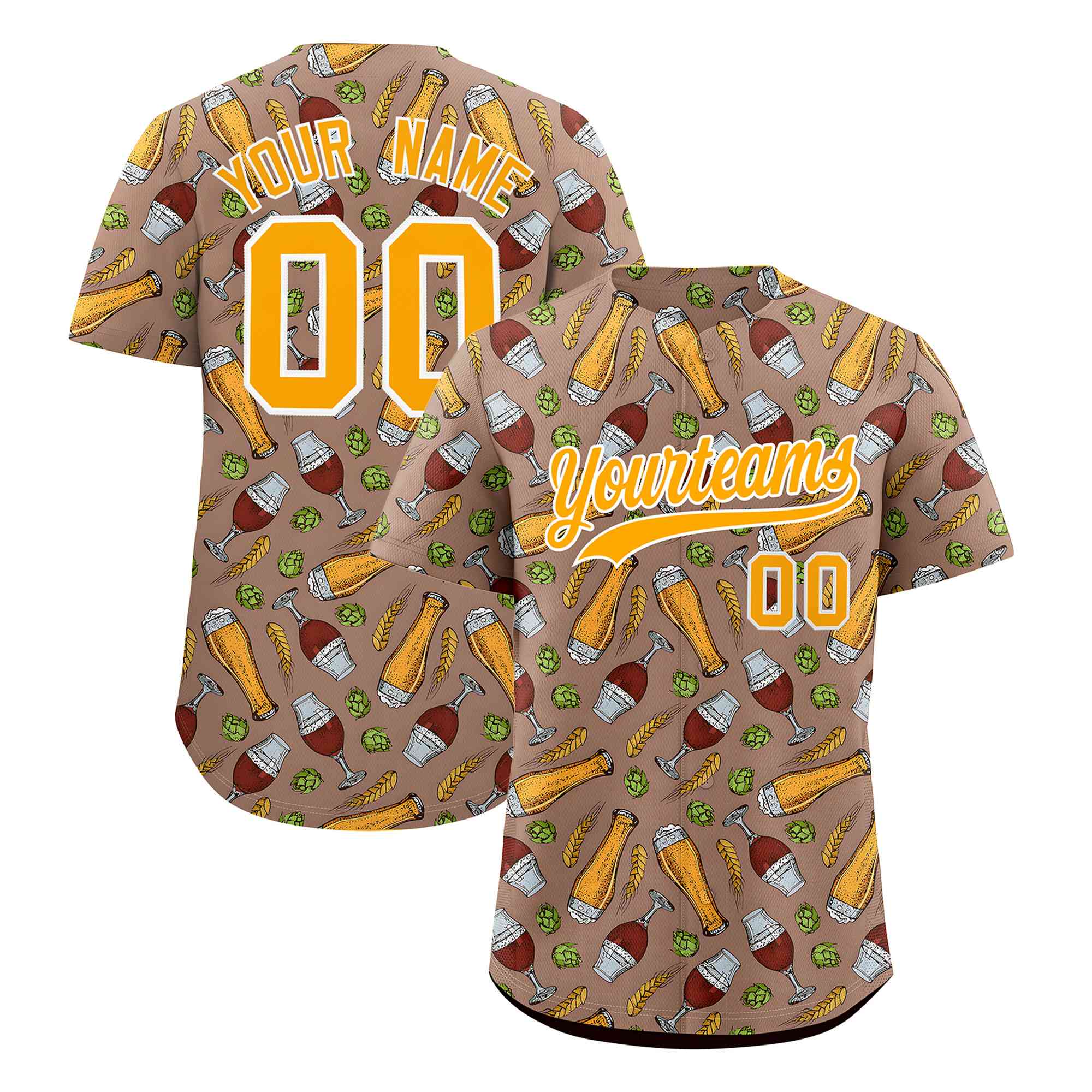 Custom Old Gold National Beer Day Personalized Beer Pattern Baseball Jersey | Suitable For Groups Or Parties | KXKSHOP