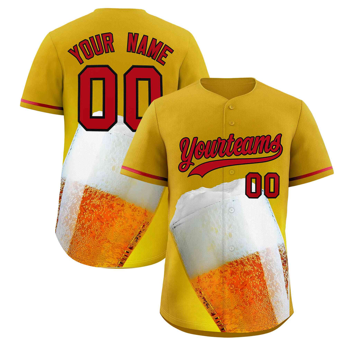 Custom Old Gold Red National Beer Day Personalized Beer Pattern Baseball Jersey | Suitable For Groups Or Parties | KXKSHOP