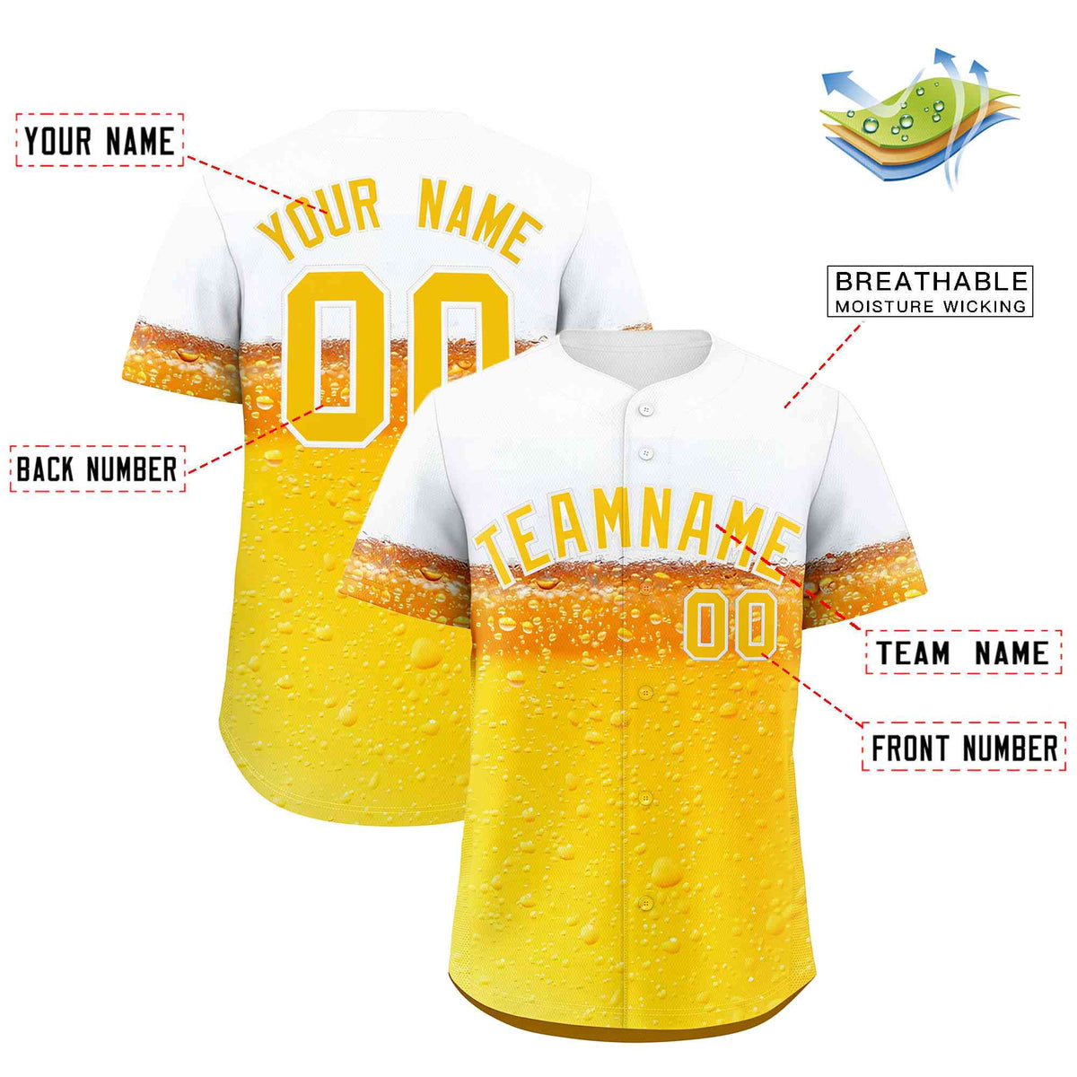 Custom Gold White National Beer Day Personalized Beer Pattern Baseball Jersey | Suitable For Groups Or Parties | KXKSHOP