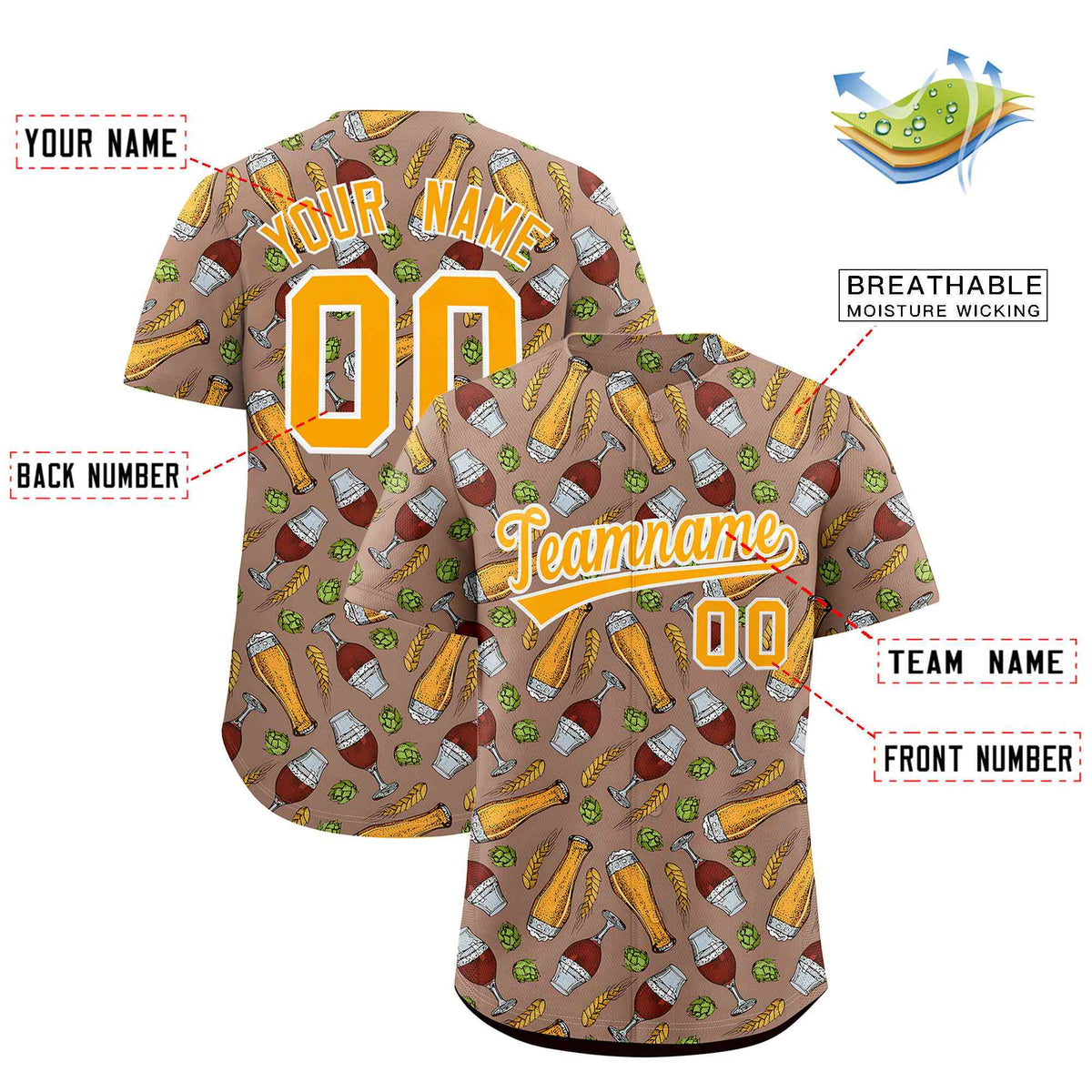 Custom Old Gold National Beer Day Personalized Beer Pattern Baseball Jersey | Suitable For Groups Or Parties | KXKSHOP