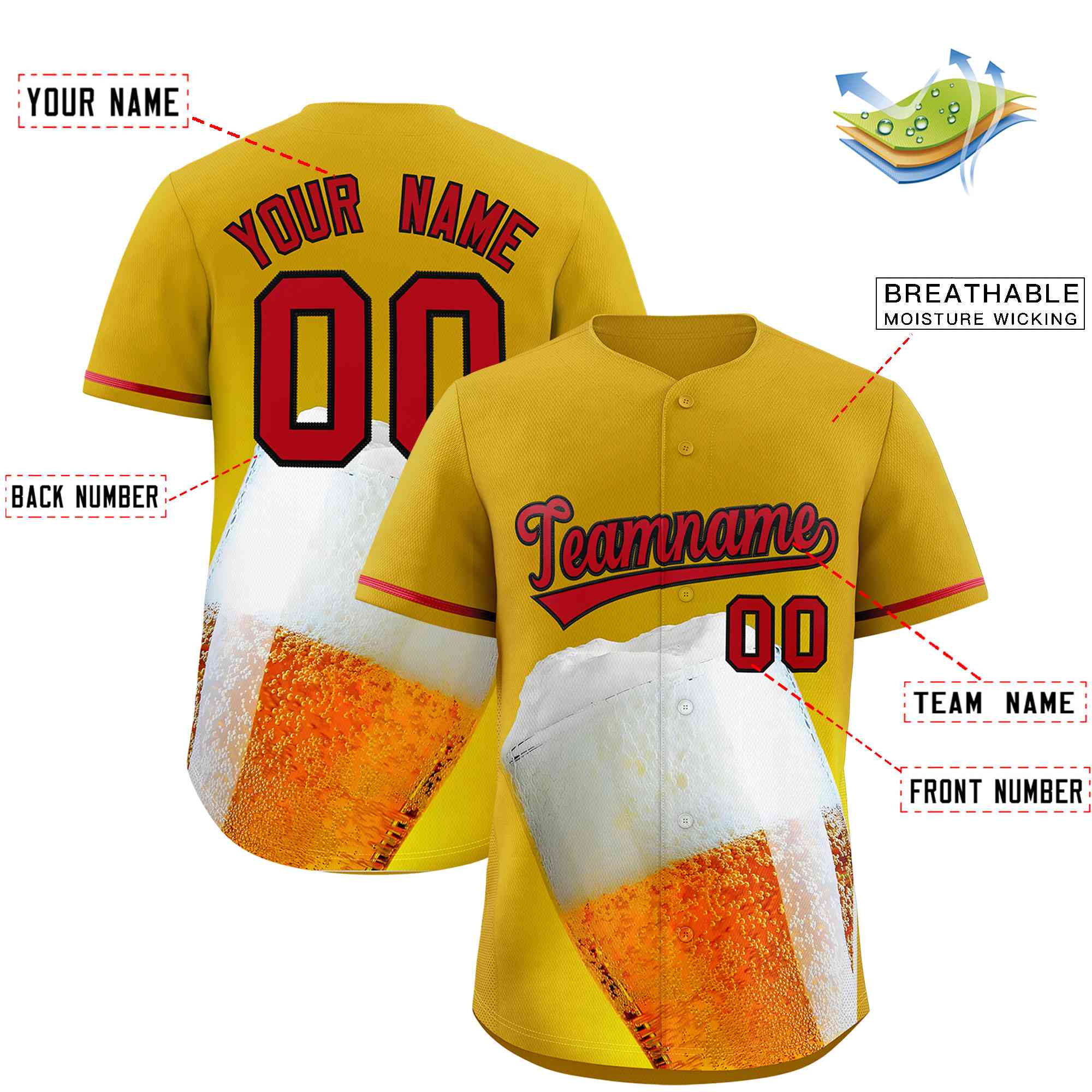 Custom Old Gold Red National Beer Day Personalized Beer Pattern Baseball Jersey | Suitable For Groups Or Parties | KXKSHOP