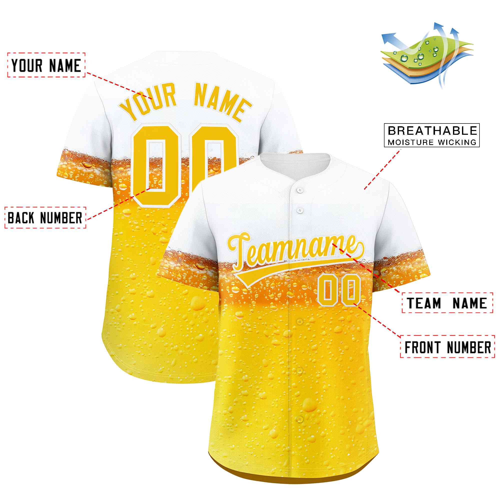 Custom Gold White National Beer Day Personalized Beer Pattern Baseball Jersey | Suitable For Groups Or Parties | KXKSHOP