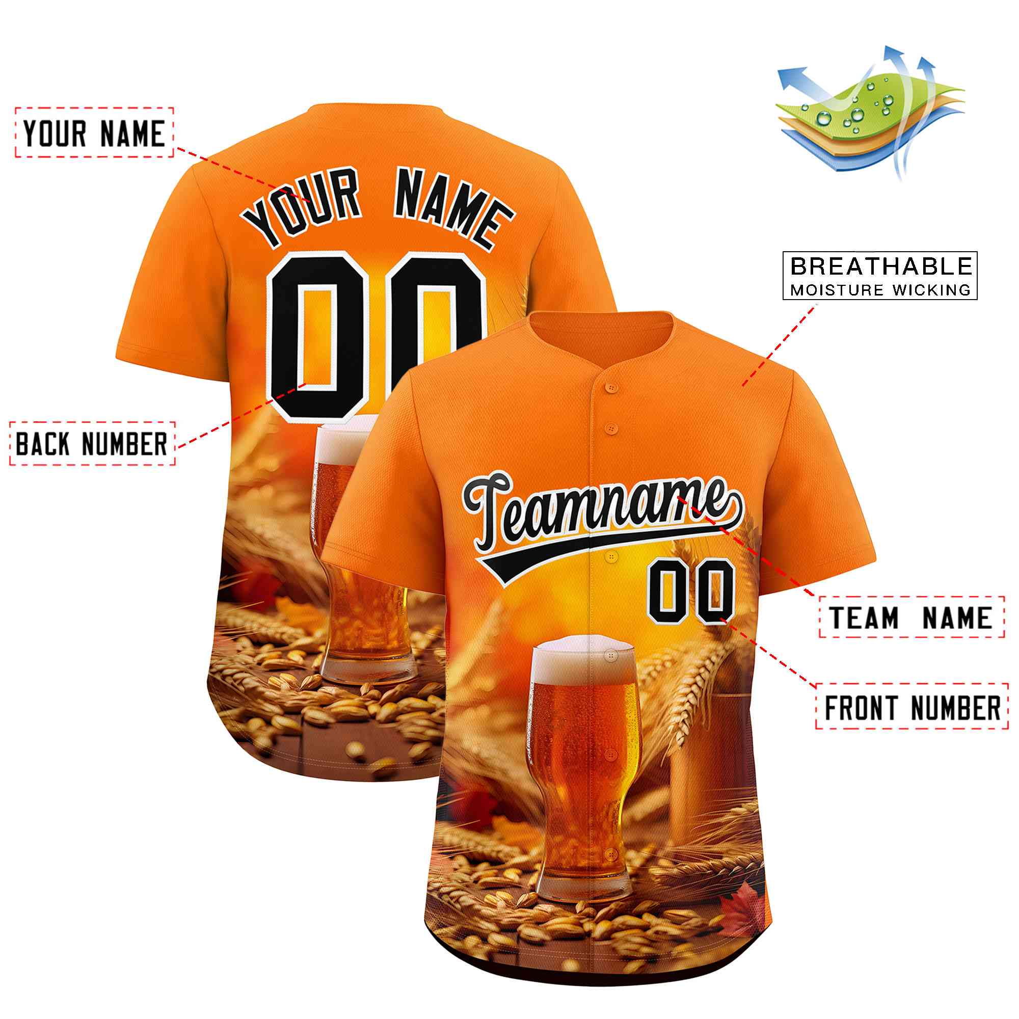 Custom Orange National Beer Day Personalized Beer Pattern Baseball Jersey | Suitable For Groups Or Parties | KXKSHOP