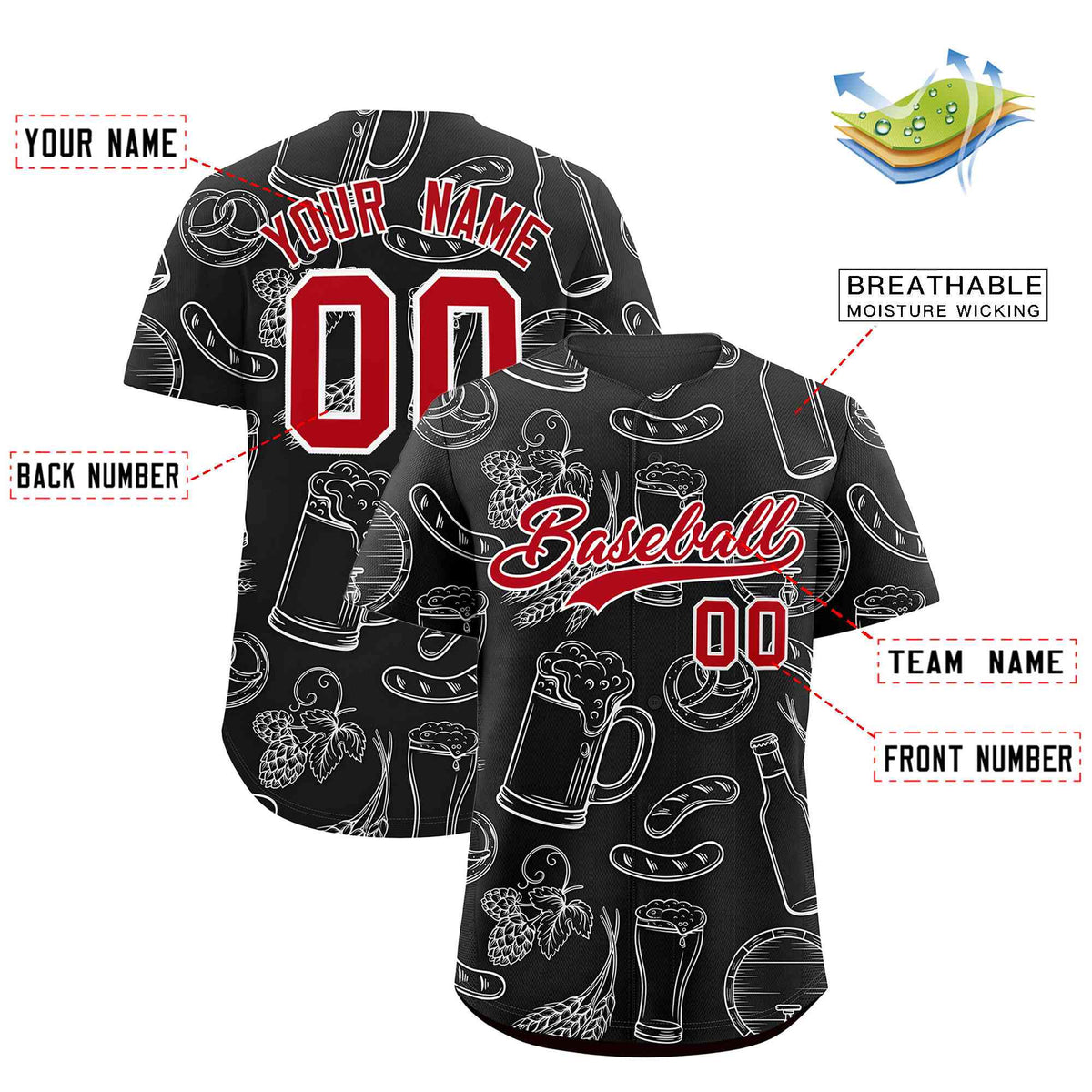 Custom Black White National Beer Day Personalized Beer Pattern Baseball Jersey | Suitable For Groups Or Parties | KXKSHOP