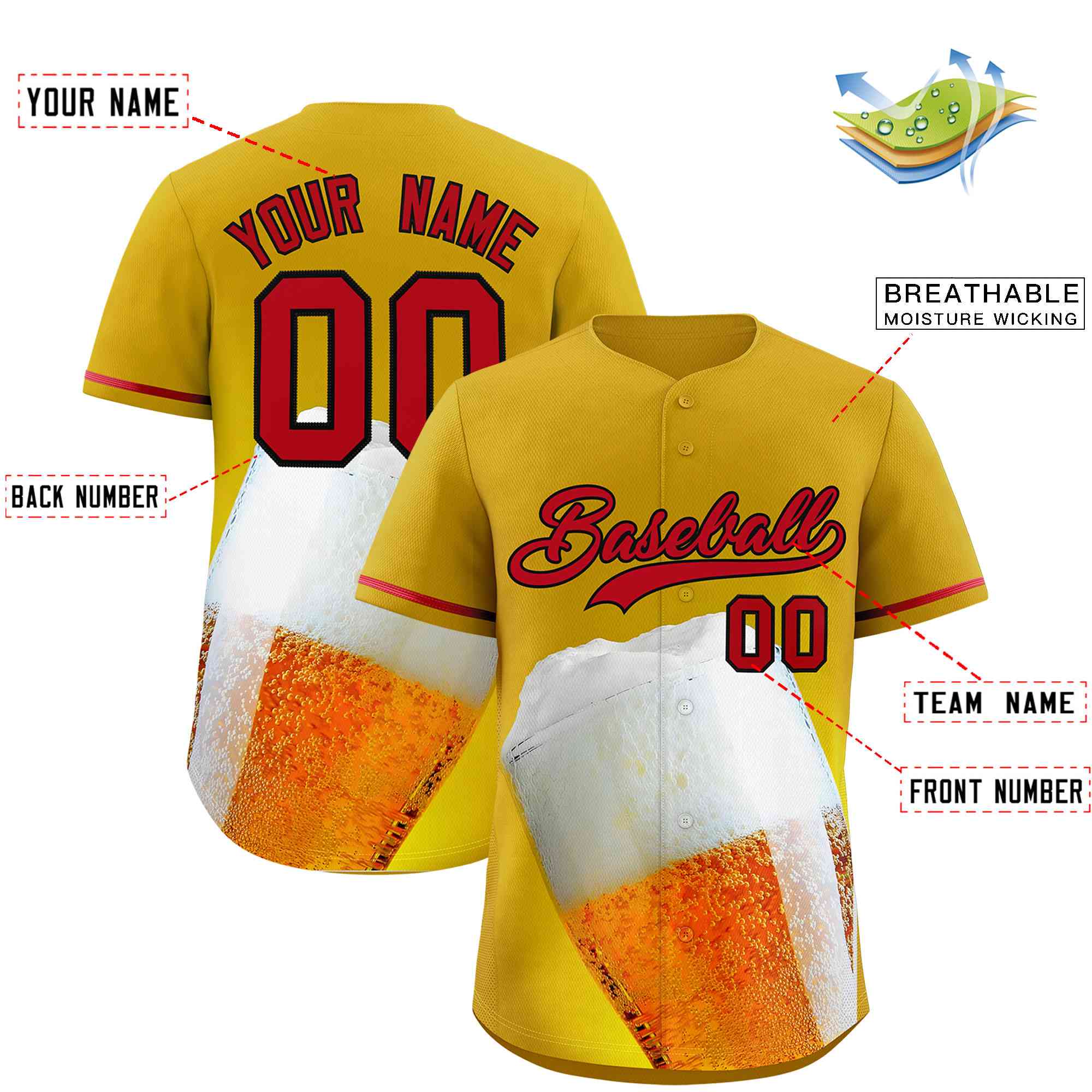 Custom Old Gold Red National Beer Day Personalized Beer Pattern Baseball Jersey | Suitable For Groups Or Parties | KXKSHOP