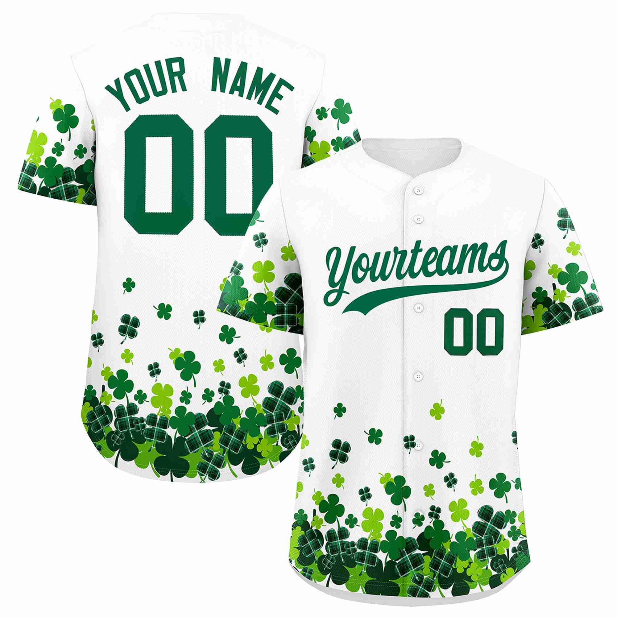 Custom White Green St.Patrick's Day Personalized Four Leaf Clover Pattern Baseball Jersey