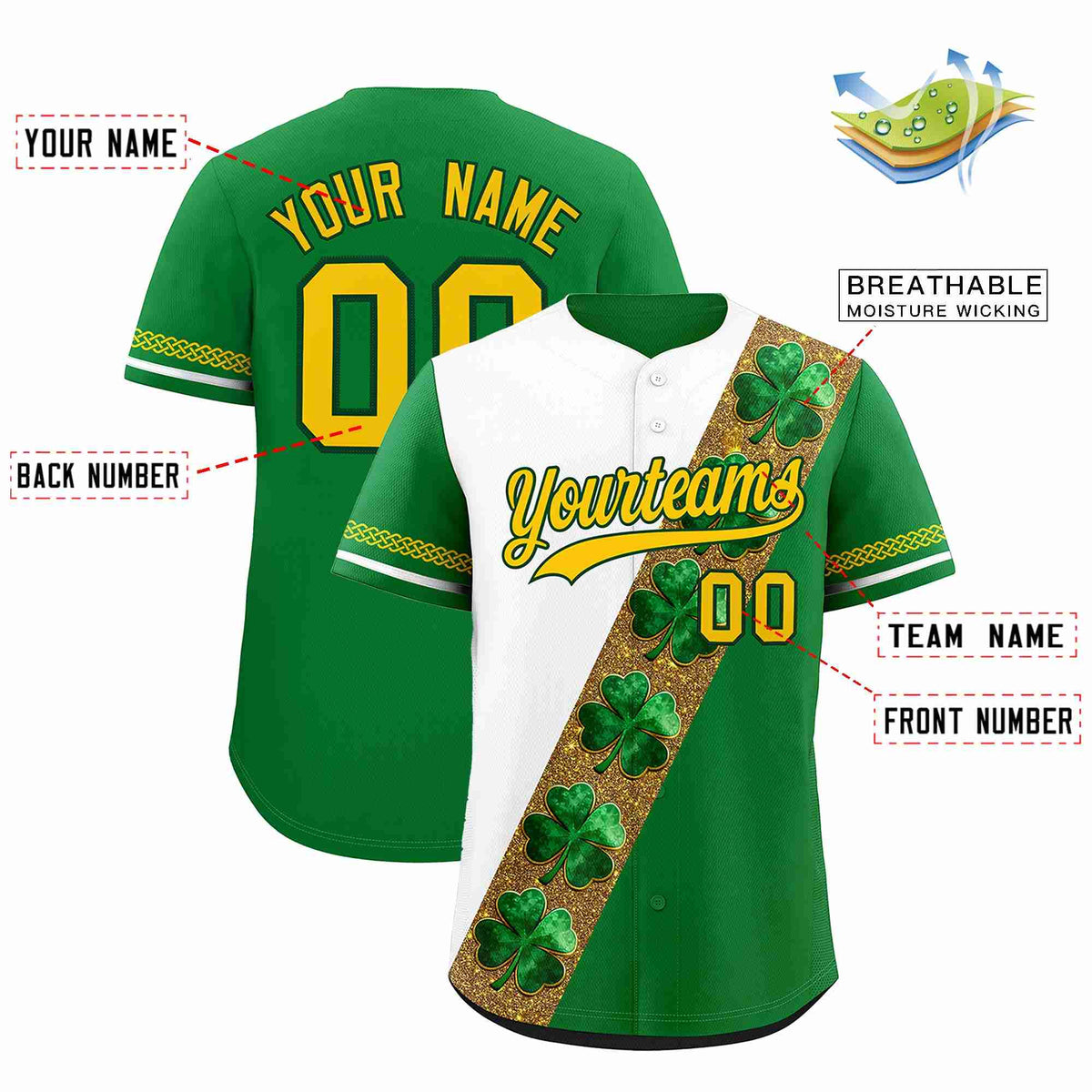 Custom White Kelly Green St.Patrick&#39;s Day Personalized Four Leaf Clover Pattern Baseball Jersey