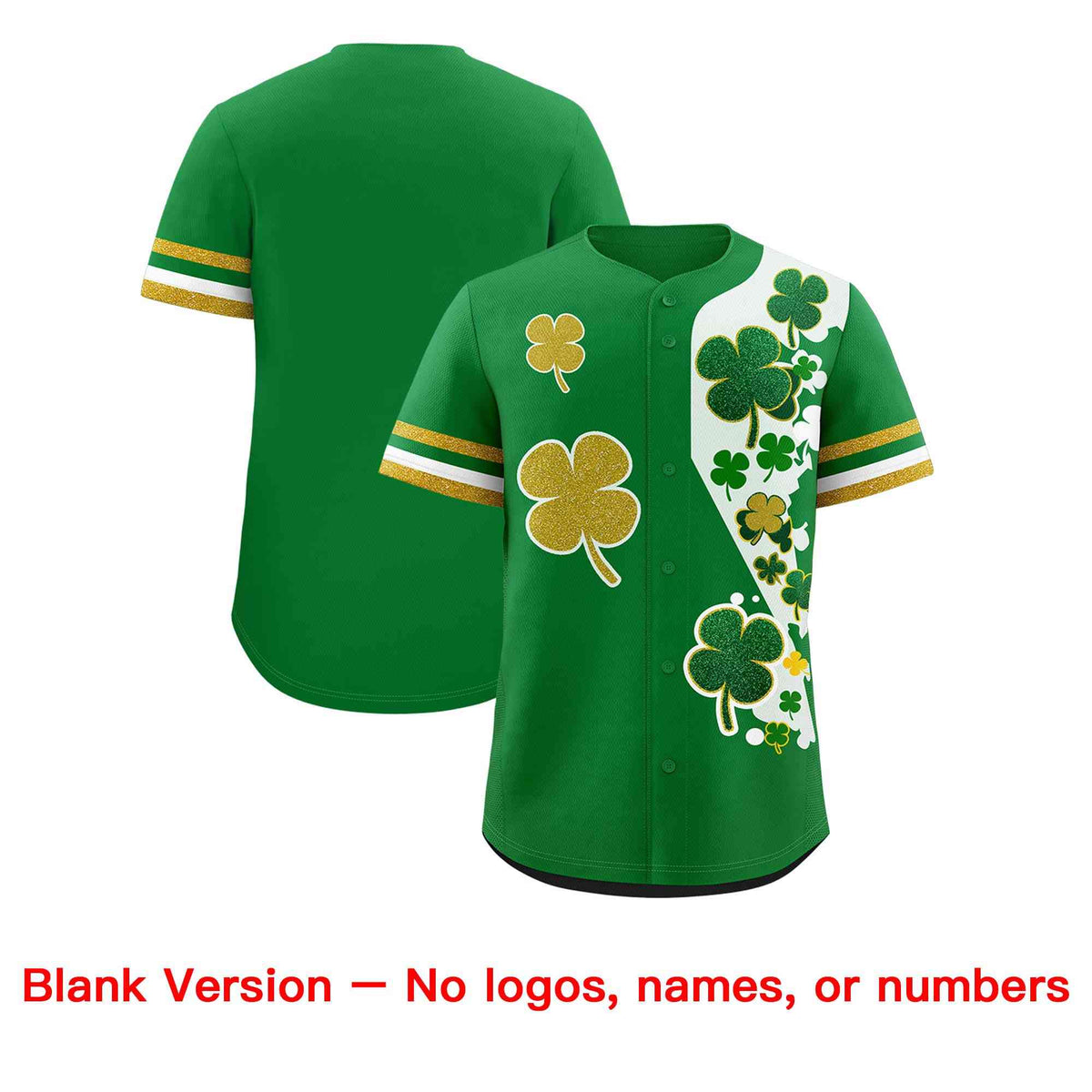 Custom Kelly Green Gold St.Patrick&#39;s Day Personalized Four Leaf Clover Pattern Baseball Jersey