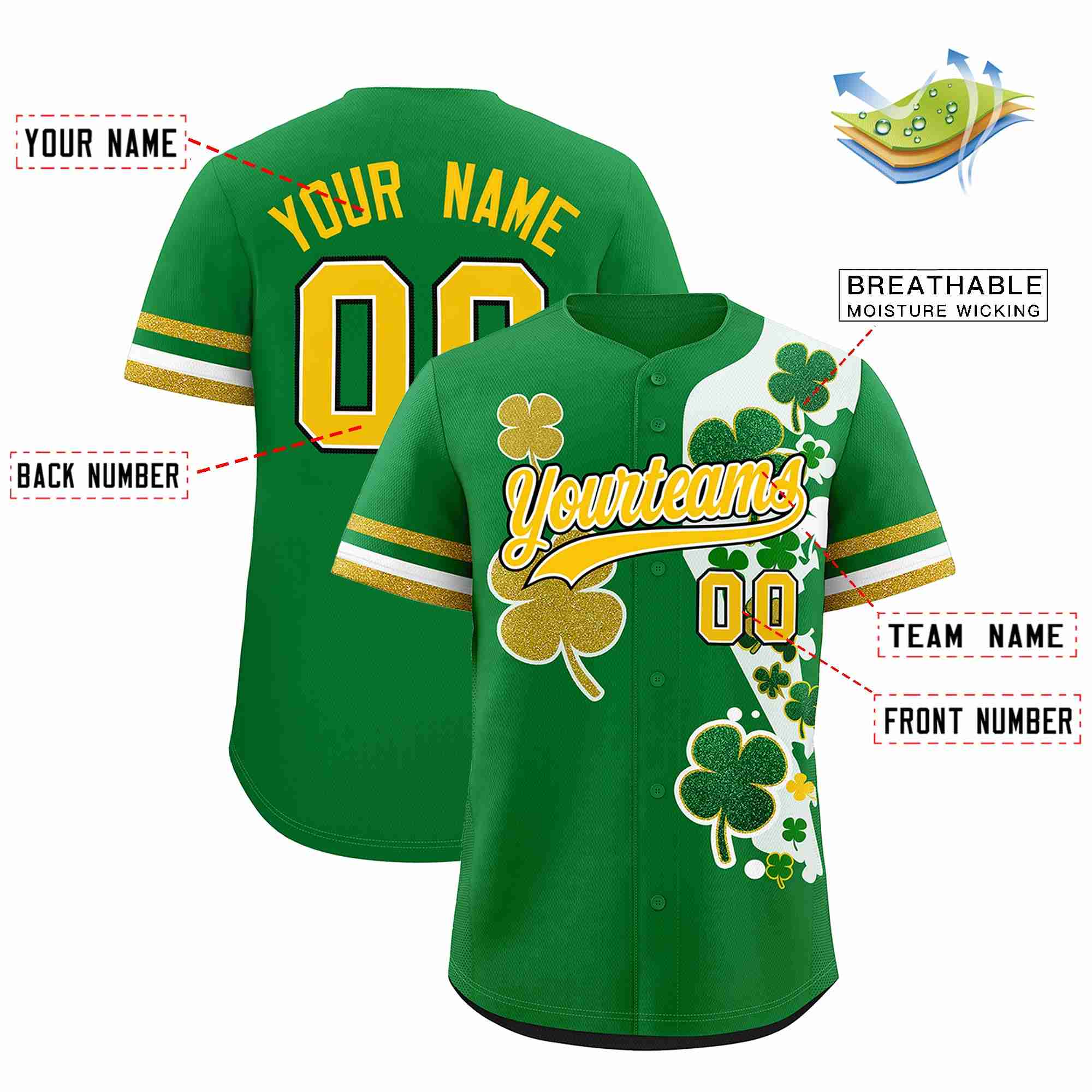 Custom Kelly Green Gold St.Patrick's Day Personalized Four Leaf Clover Pattern Baseball Jersey
