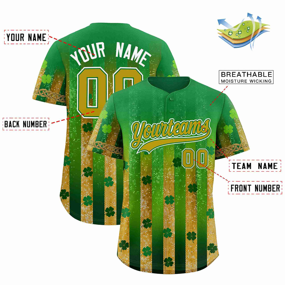 Custom Kelly Green Green St.Patrick&#39;s Day Personalized Four Leaf Clover Pattern Baseball Jersey