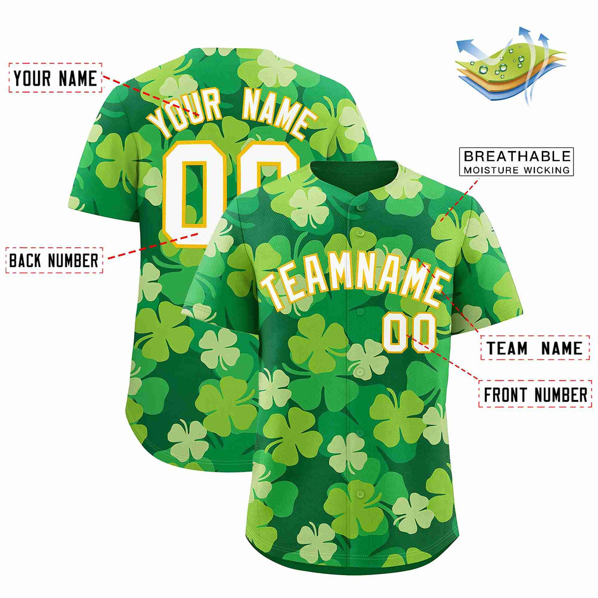 Custom Kelly Green White St.Patrick&#39;s Day Personalized Four Leaf Clover Pattern Baseball Jersey