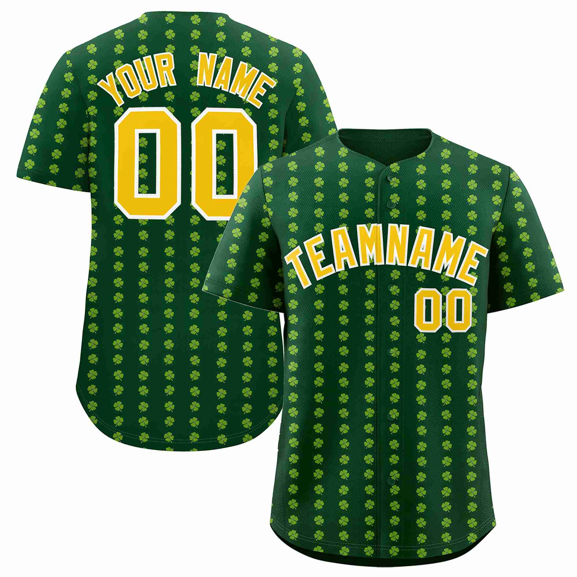 Custom Green Gold St.Patrick's Day Personalized Four Leaf Clover Pattern Baseball Jersey