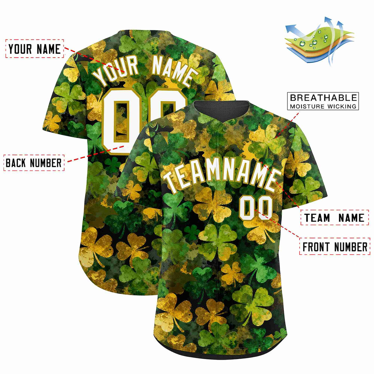 Custom Black White St.Patrick&#39;s Day Personalized Four Leaf Clover Pattern Baseball Jersey
