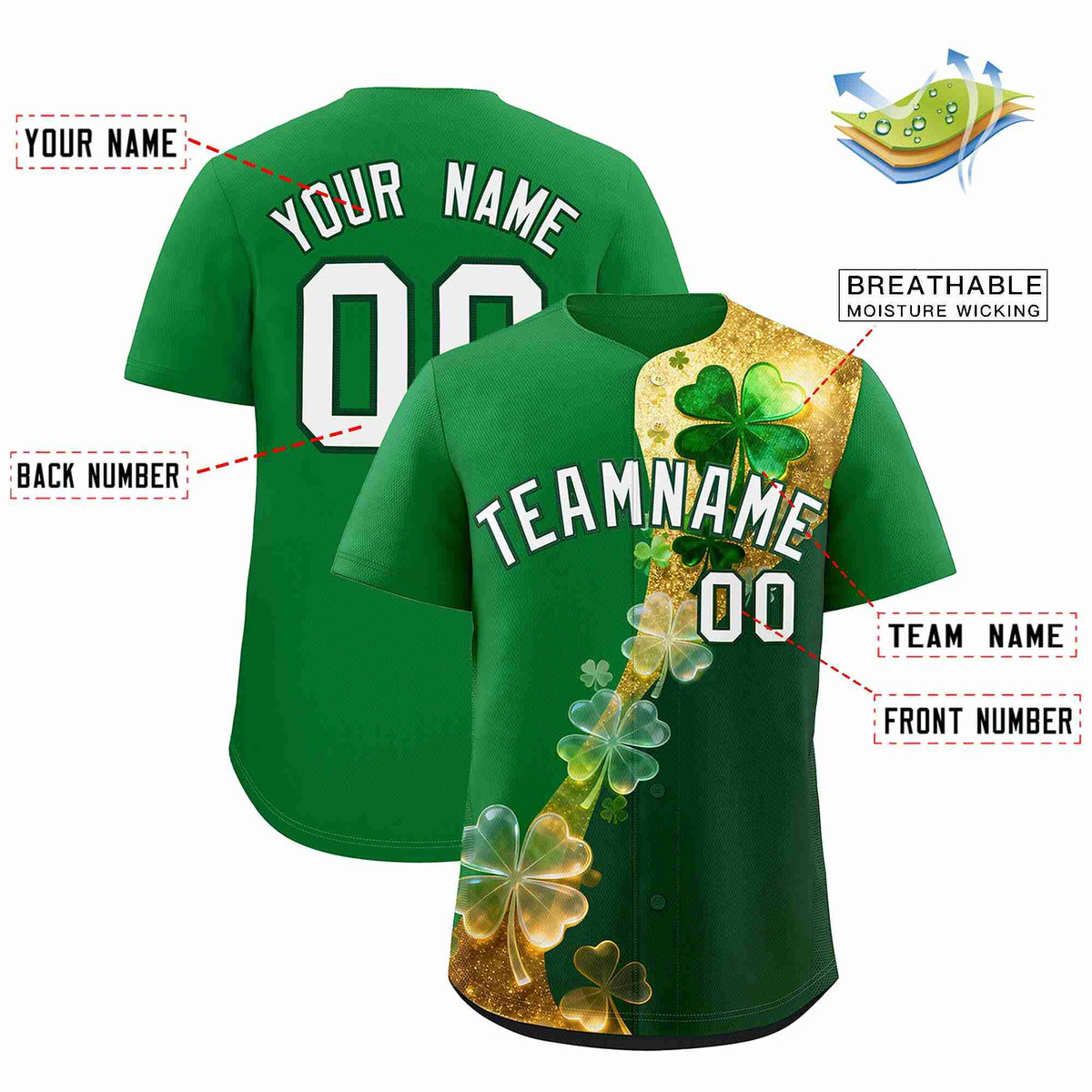 Custom Kelly Green Green St.Patrick&#39;s Day Personalized Four Leaf Clover Pattern Baseball Jersey