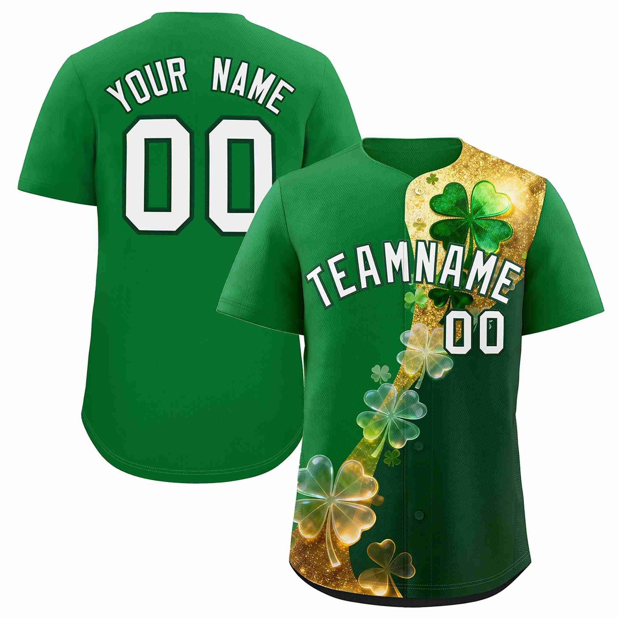 Custom Kelly Green Green St.Patrick's Day Personalized Four Leaf Clover Pattern Baseball Jersey