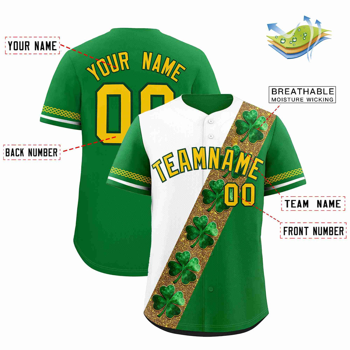 Custom White Kelly Green St.Patrick&#39;s Day Personalized Four Leaf Clover Pattern Baseball Jersey