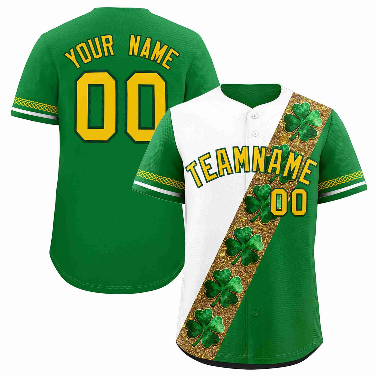 Custom White Kelly Green St.Patrick&#39;s Day Personalized Four Leaf Clover Pattern Baseball Jersey
