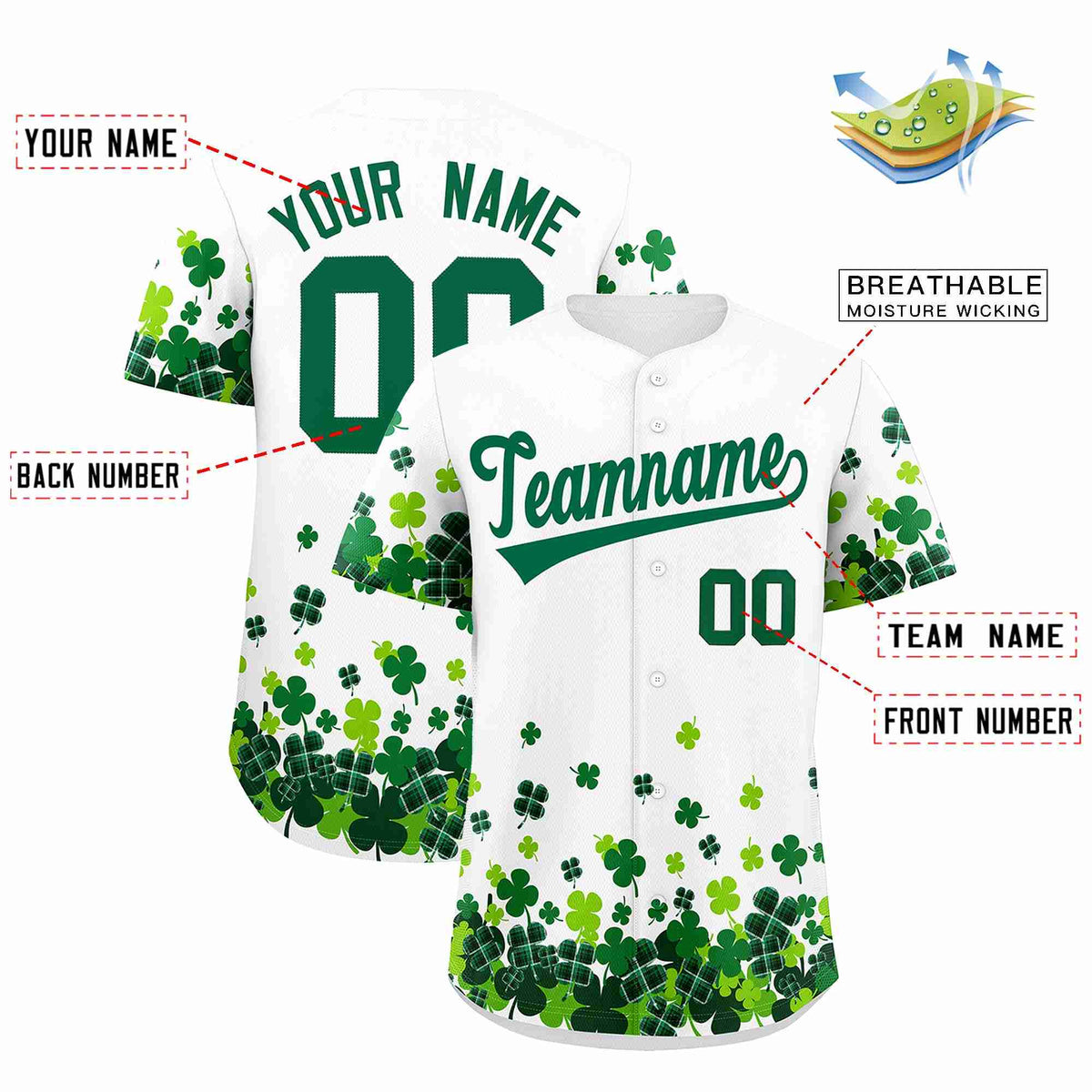 Custom White Green St.Patrick&#39;s Day Personalized Four Leaf Clover Pattern Baseball Jersey| KXKSHOP