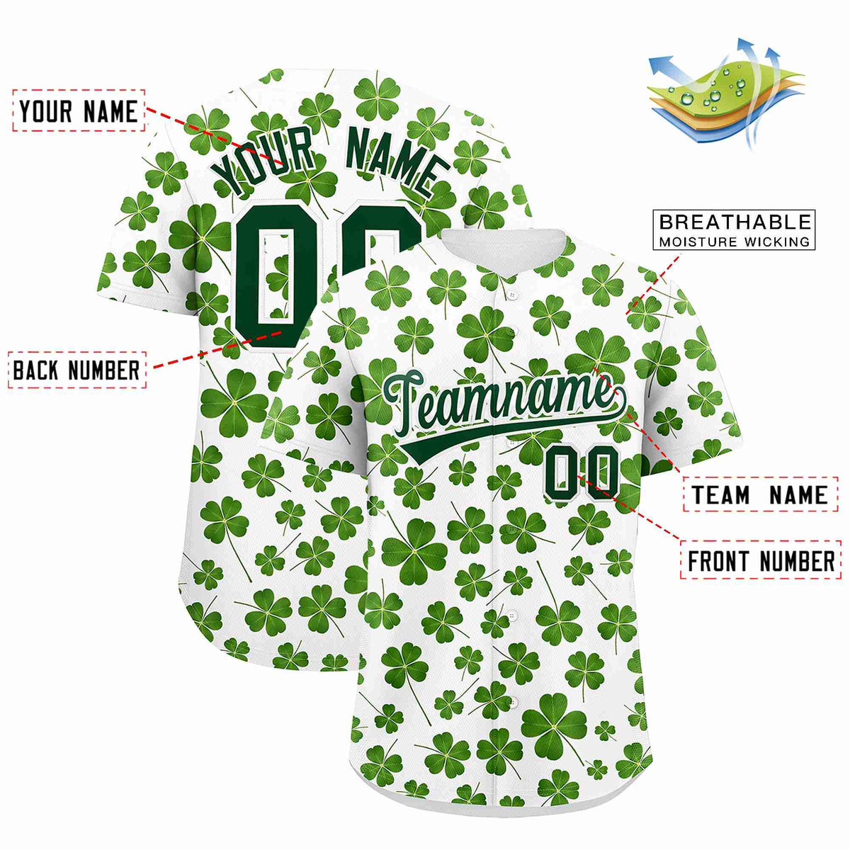 Custom White Green St.Patrick&#39;s Day Personalized Four Leaf Clover Pattern Baseball Jersey| KXKSHOP