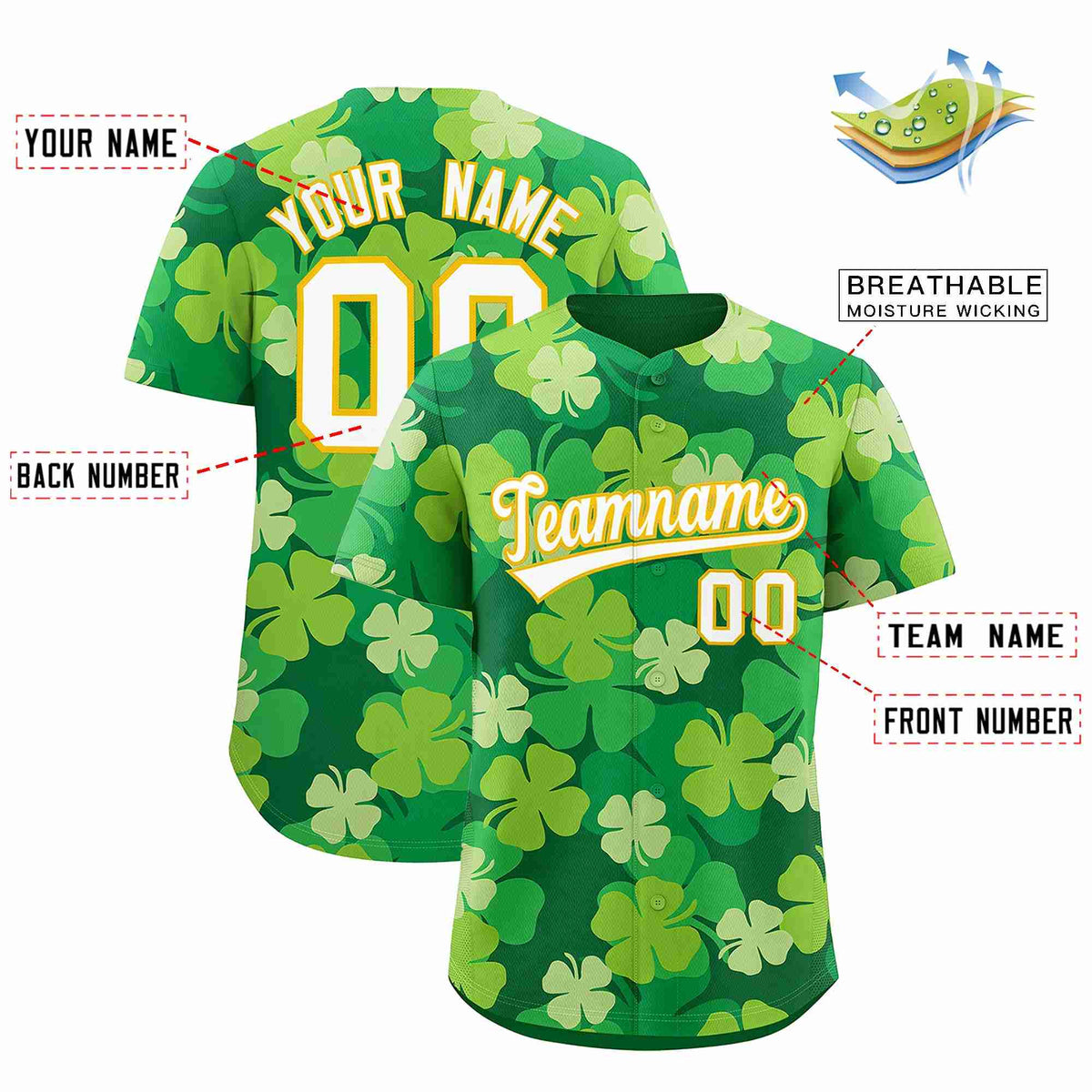 Custom Kelly Green White St.Patrick&#39;s Day Personalized Four Leaf Clover Pattern Baseball Jersey| KXKSHOP
