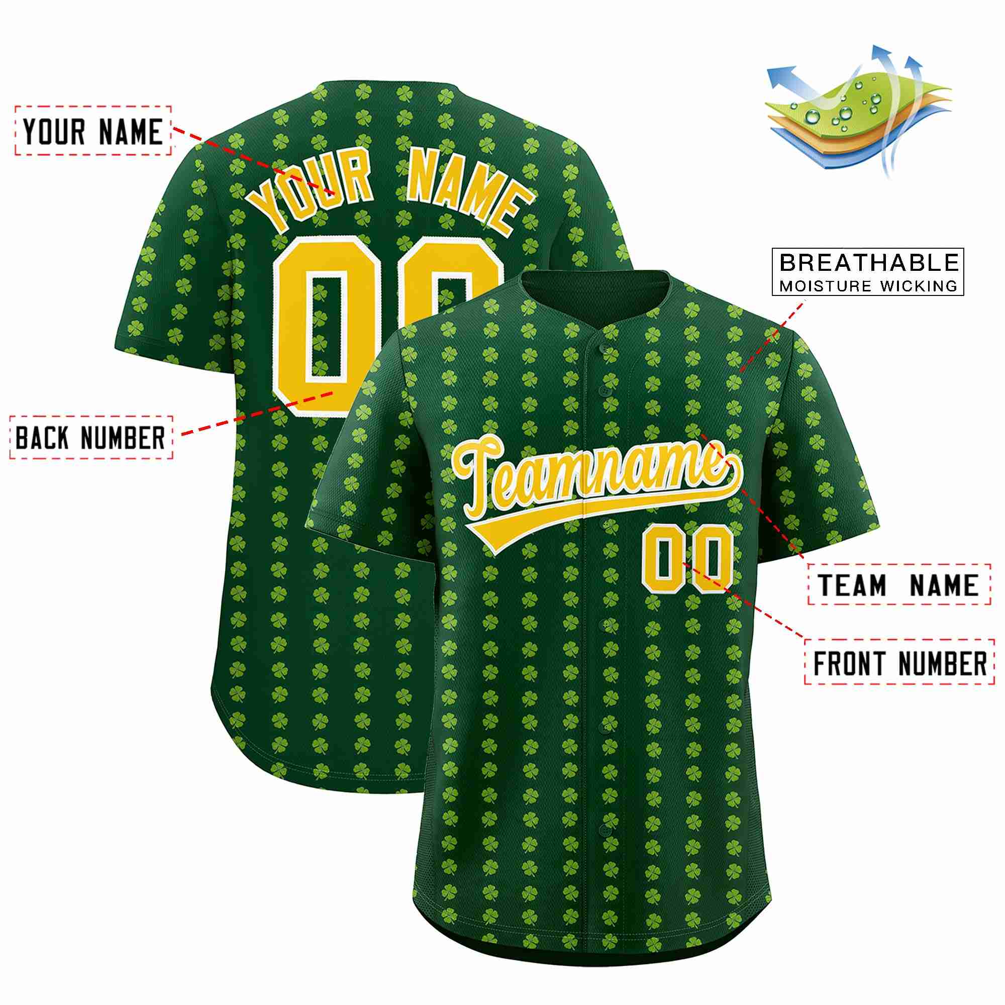 Custom Green Gold St.Patrick's Day Personalized Four Leaf Clover Pattern Baseball Jersey| KXKSHOP