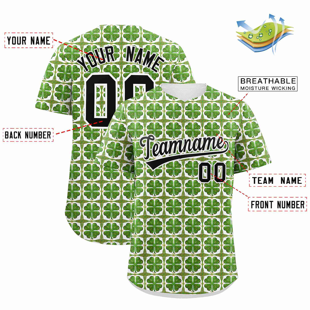Custom White Black St.Patrick&#39;s Day Personalized Four Leaf Clover Pattern Baseball Jersey| KXKSHOP
