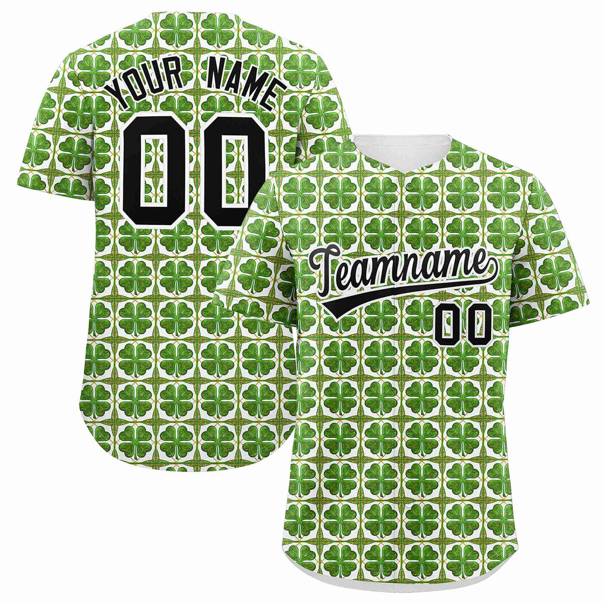 Custom White Black St.Patrick&#39;s Day Personalized Four Leaf Clover Pattern Baseball Jersey| KXKSHOP