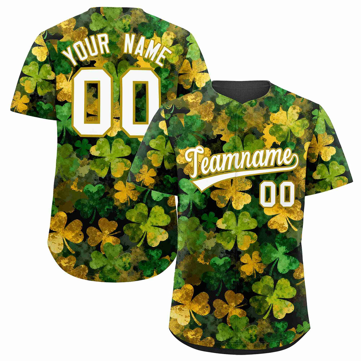 Custom Black White St.Patrick&#39;s Day Personalized Four Leaf Clover Pattern Baseball Jersey| KXKSHOP