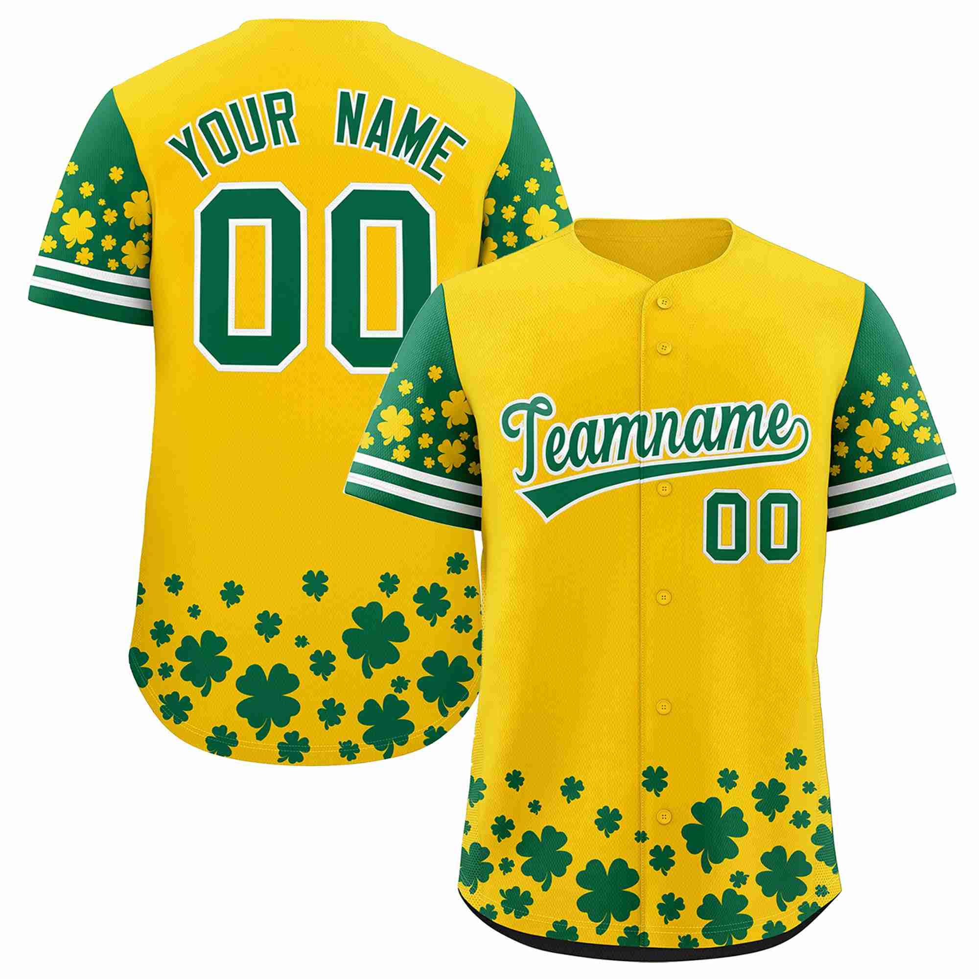 Custom Gold Kelly Green St.Patrick's Day Personalized Four Leaf Clover Pattern Baseball Jersey| KXKSHOP