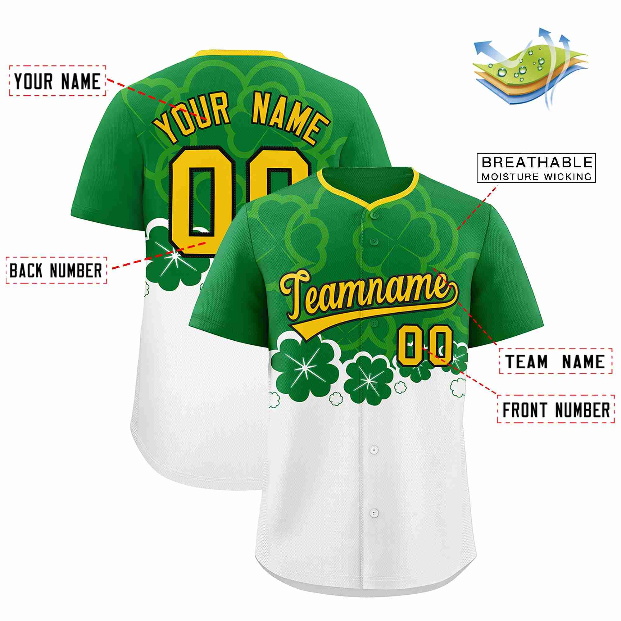 Custom White Kelly Green St.Patrick's Day Personalized Four Leaf Clover Pattern Baseball Jersey| KXKSHOP