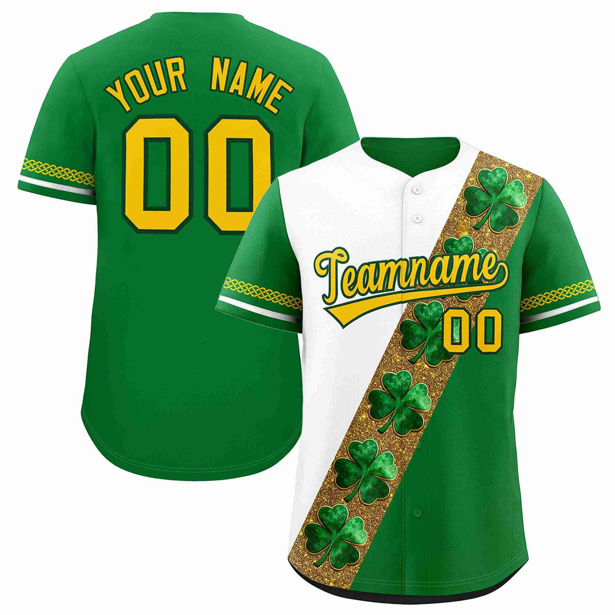 Custom White Kelly Green St.Patrick&#39;s Day Personalized Four Leaf Clover Pattern Baseball Jersey| KXKSHOP