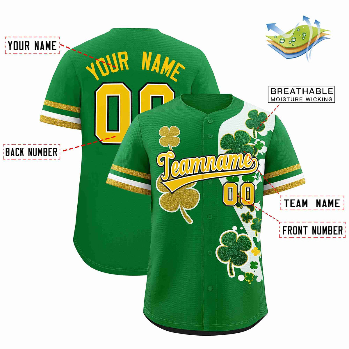 Custom Kelly Green Gold St.Patrick&#39;s Day Personalized Four Leaf Clover Pattern Baseball Jersey| KXKSHOP