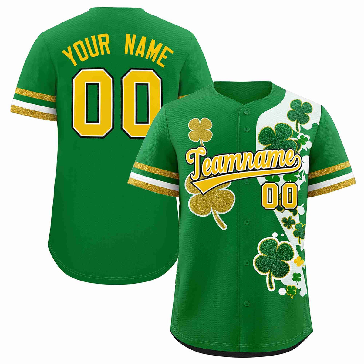 Custom Kelly Green Gold St.Patrick&#39;s Day Personalized Four Leaf Clover Pattern Baseball Jersey| KXKSHOP